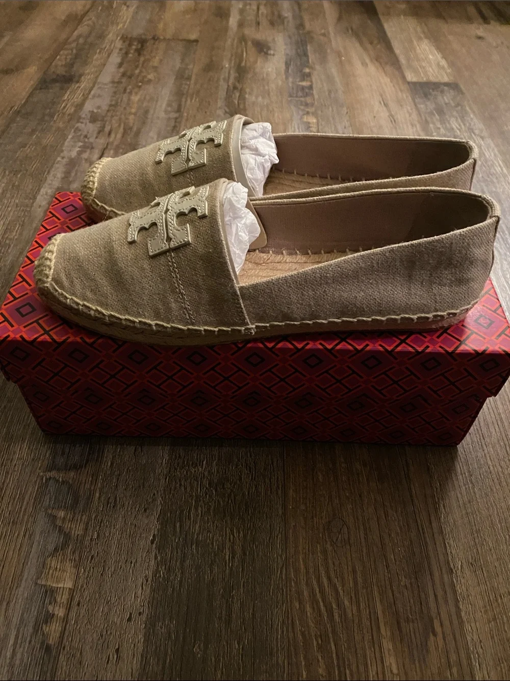 Tory Burch Beige Canvas Logo Espadrille Flats